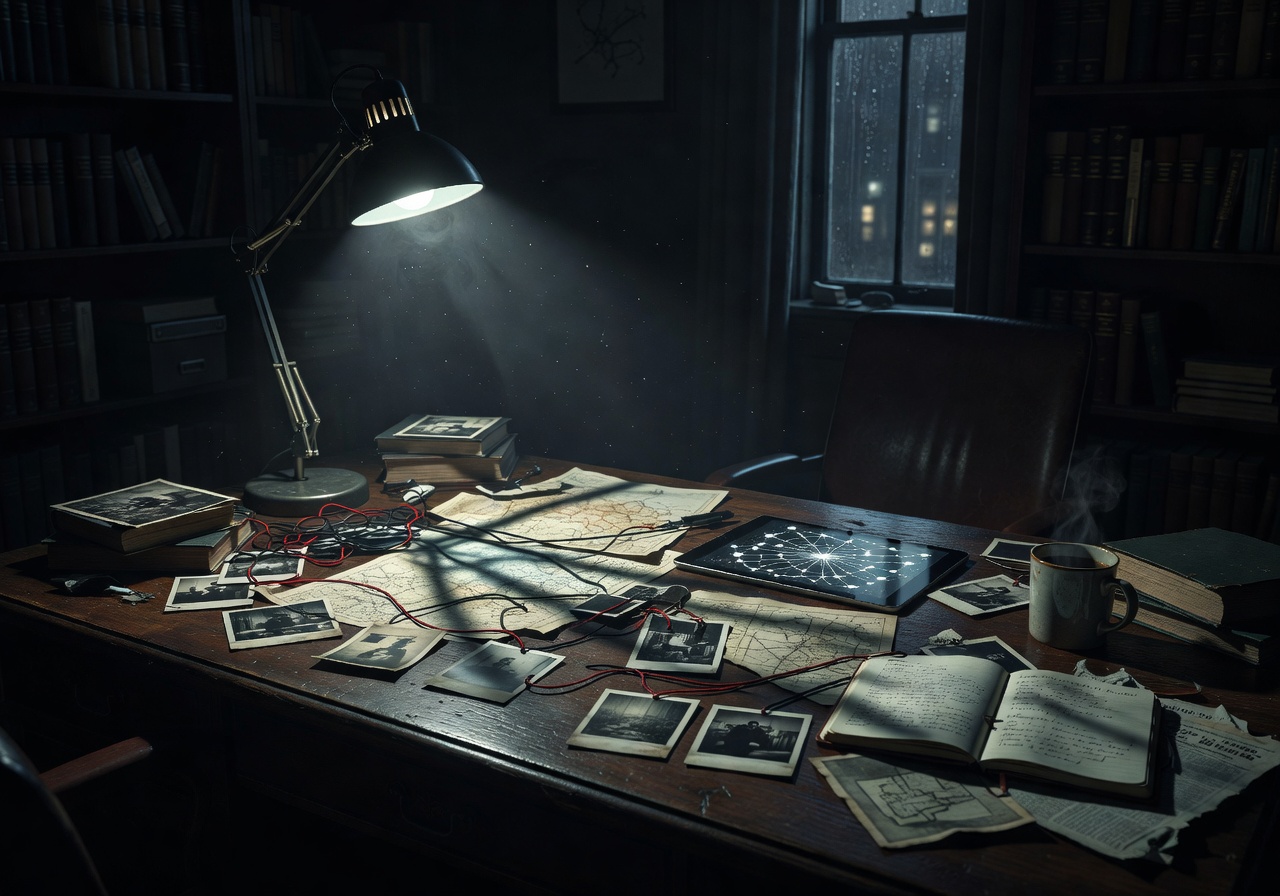 Atmospheric dark workspace with cinematic lighting representing the Playconnectmint detective aesthetic