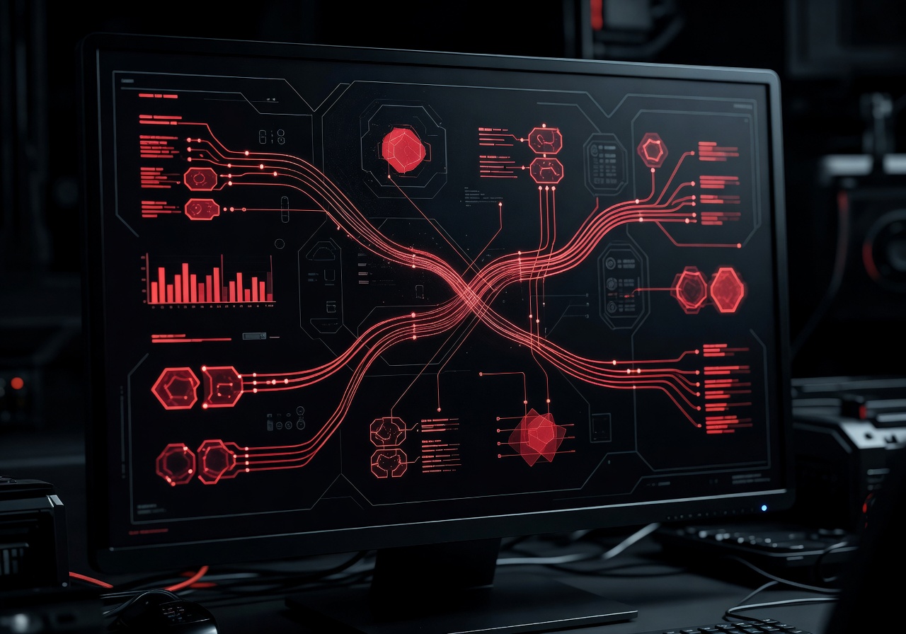 Cyber investigation dashboard with noir-style red data lines and dark interface