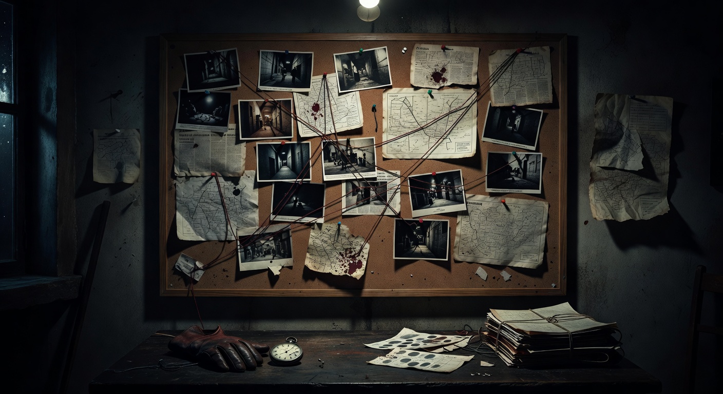 Dark atmospheric investigation board with scattered evidence in cinematic noir lighting