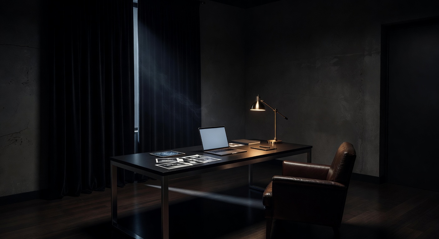 Dark cinematic detective office with modern noir workspace and atmospheric lighting