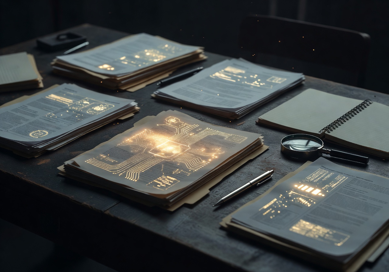 Digital case files with glowing gold elements on a dark investigation desk