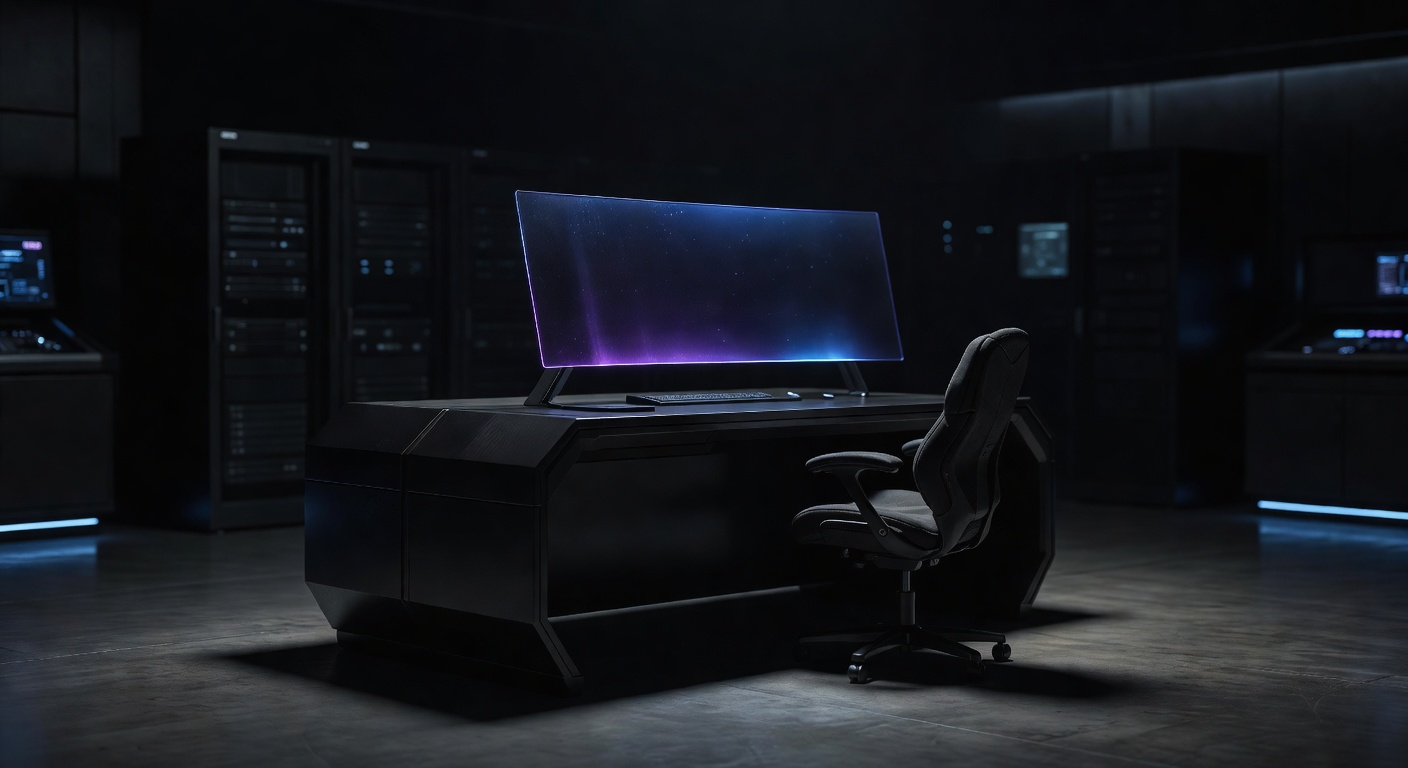 Futuristic noir customer support station with glowing dark interface and ambient lighting
